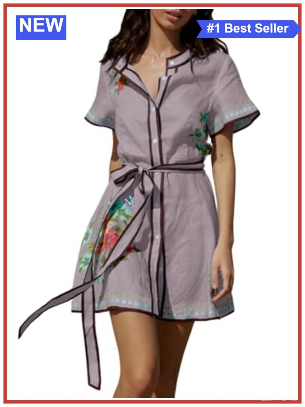 Women's Linen Blend Floral Button Down Wrap Tie Knot Mini Shirt Dress with Belt